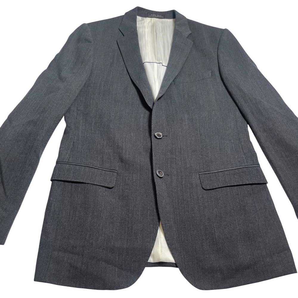 Zara‎ Man Wool Suit Set, Size 38 USA, Grey Tailored Fit Blazer & Trousers